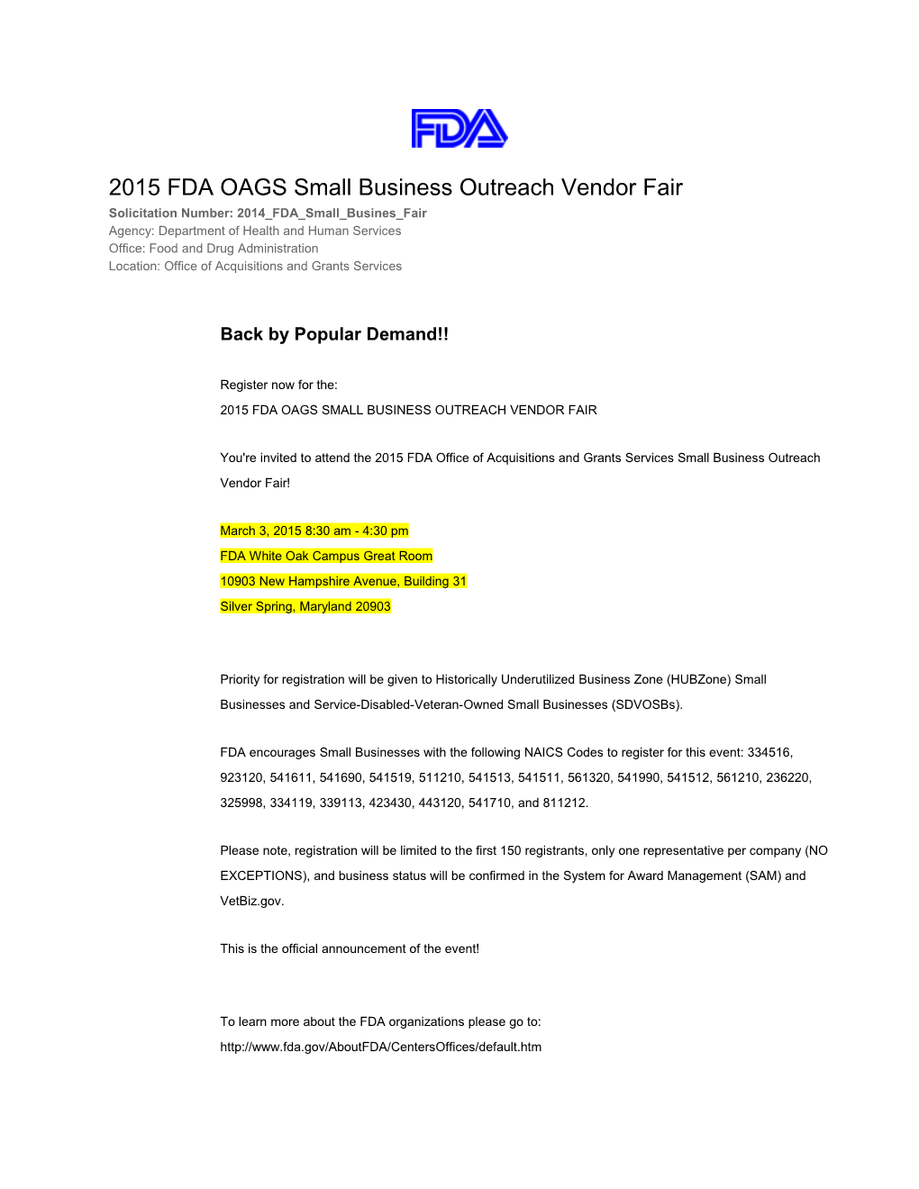 2015 FDA OAGS Small Business Outreach Vendor Fair