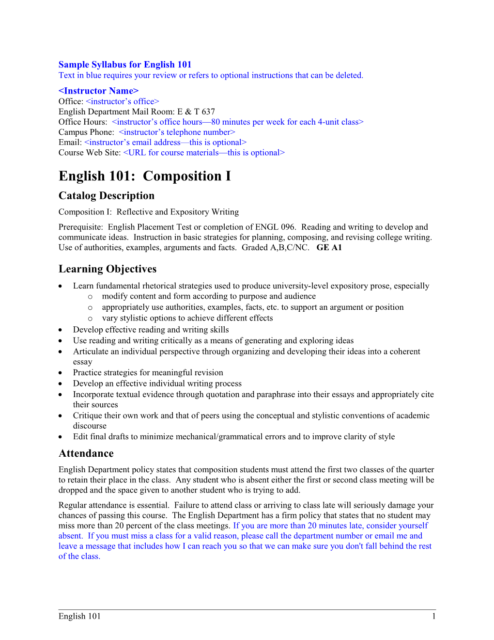 Sample Syllabus for English 101