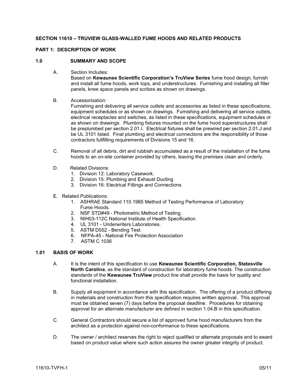Section 11610 Truview Glass-Walled Fume Hoods and Related Products