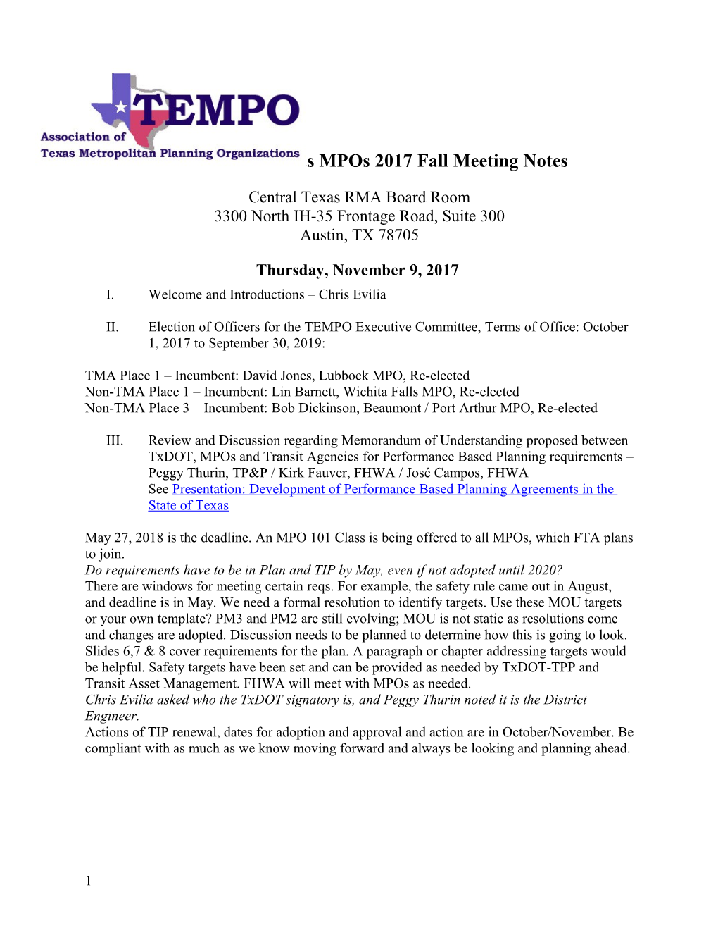 Association of Texas Mpos2017 Fallmeetingnotes