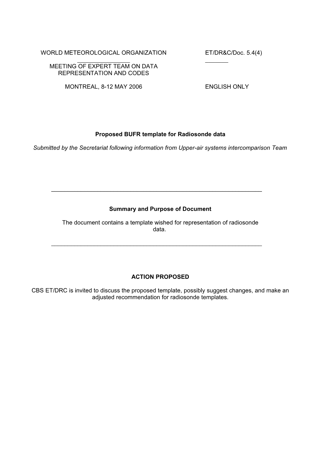 Proposed BUFR Template for Radiosonde Data