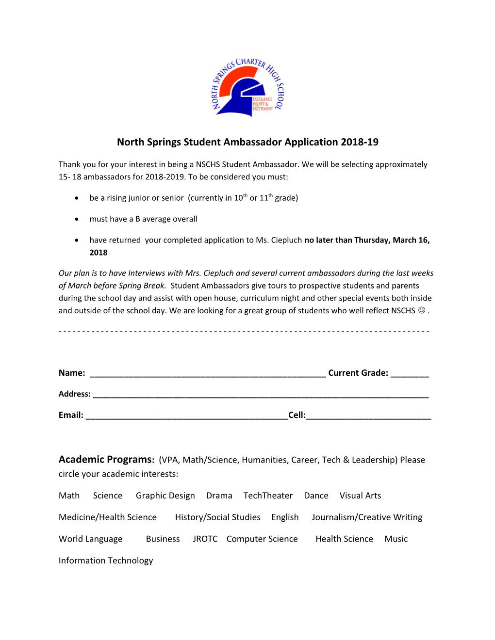 North Springs Student Ambassador Application 2018
