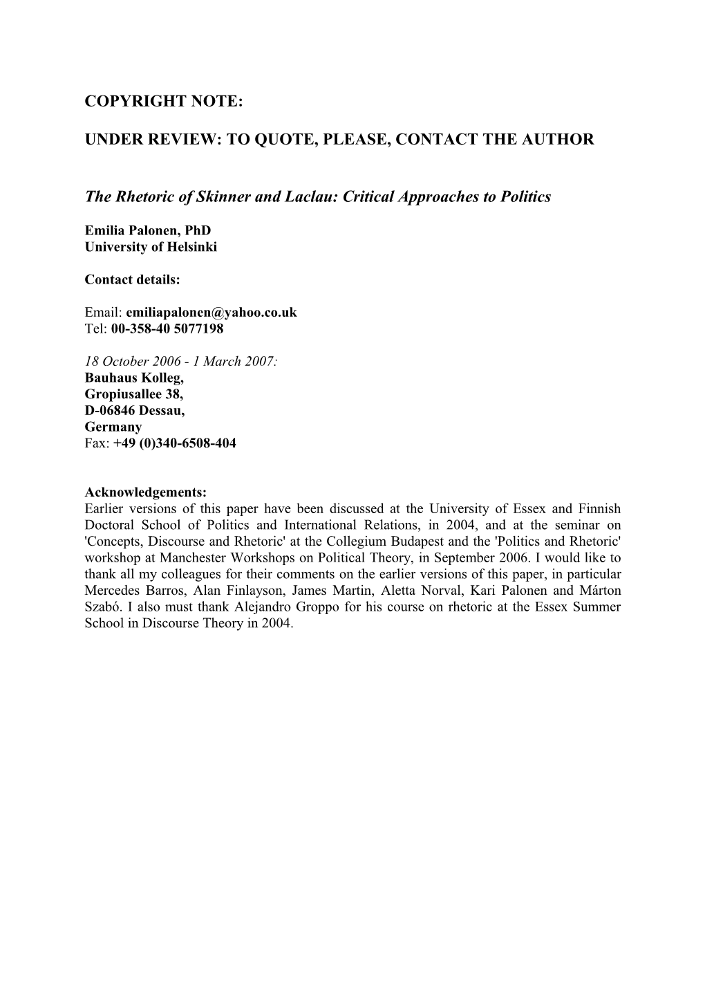 Paradiastole and Catachresis: Political Theory of Skinner and L