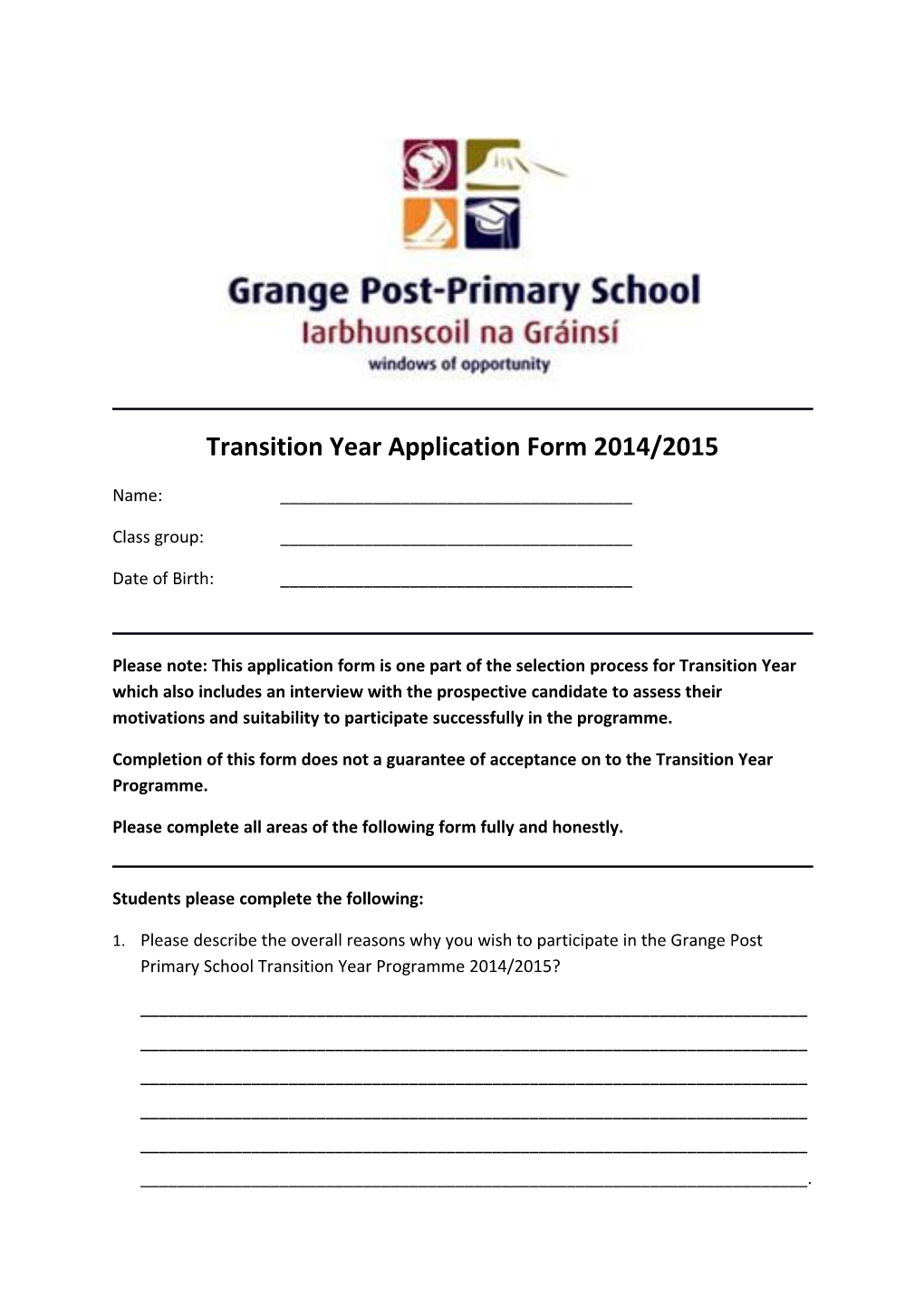 Transition Year Application Form 2014/2015