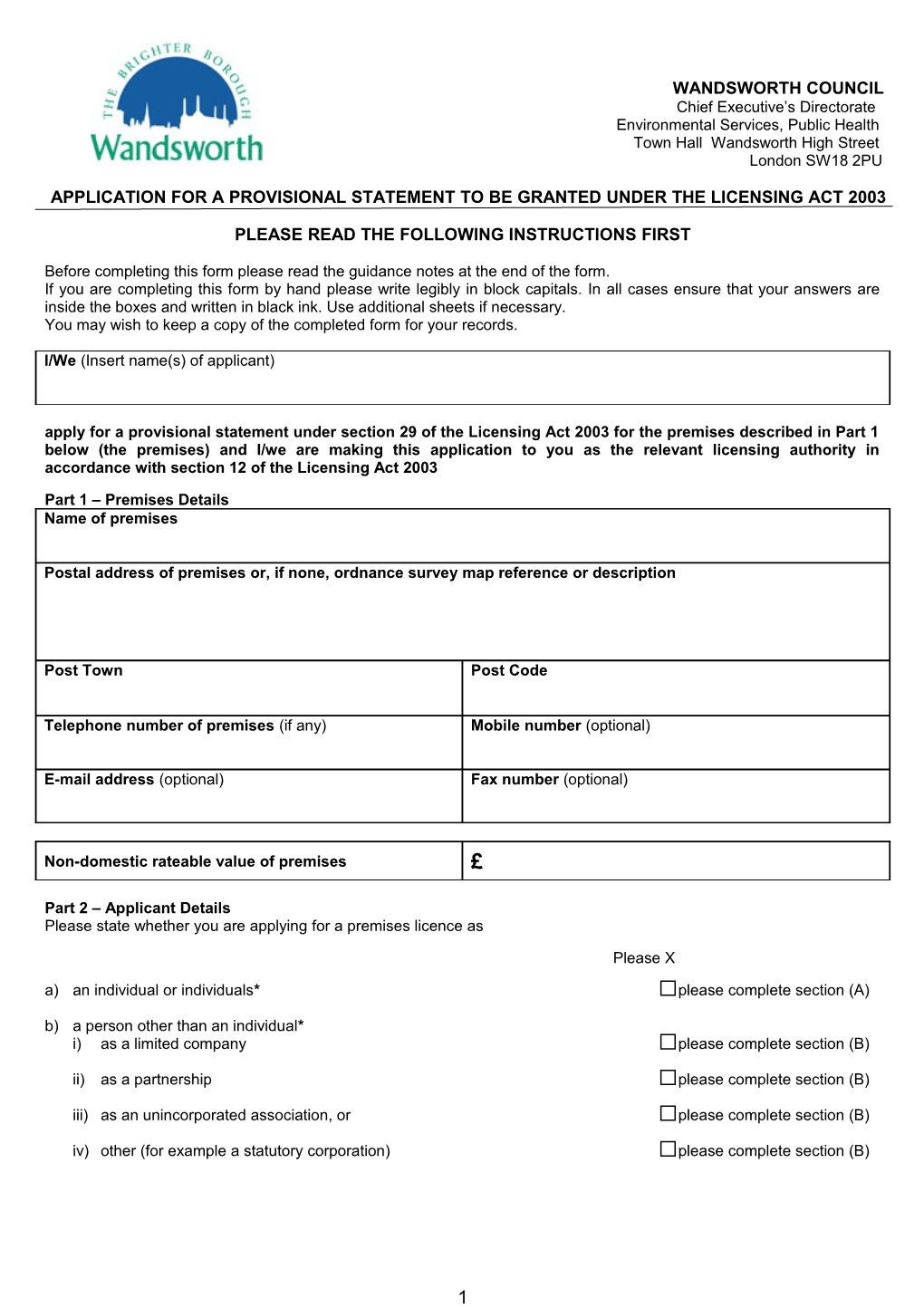 Application for a Provisional Statement to Be Granted Under the Licensing Act 2003