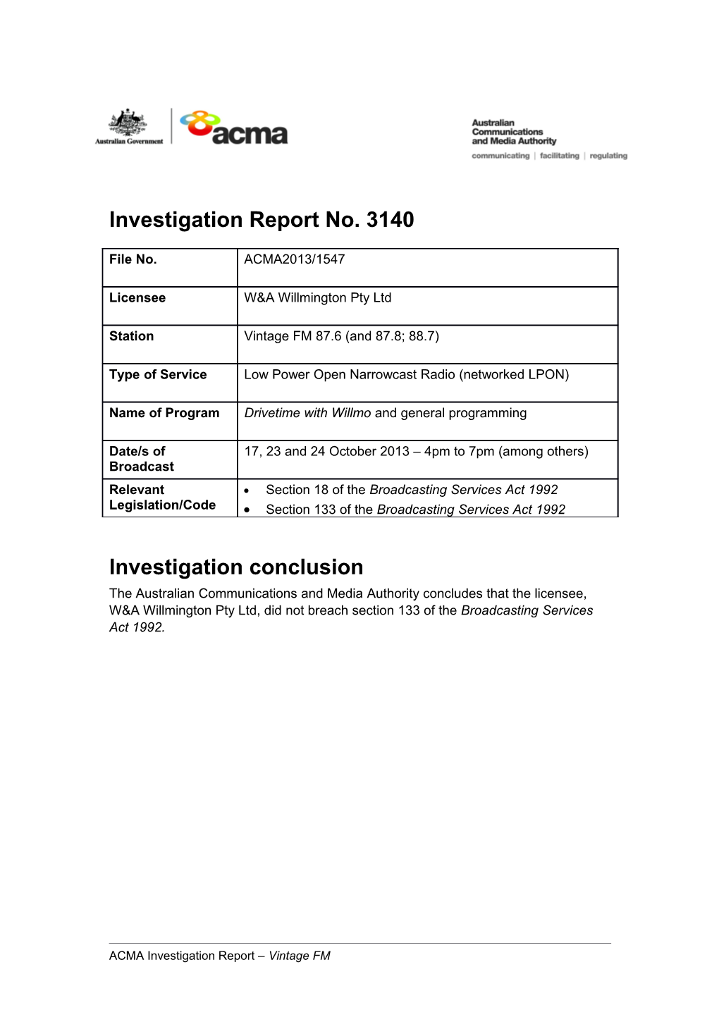 Investigation Report No. 3140