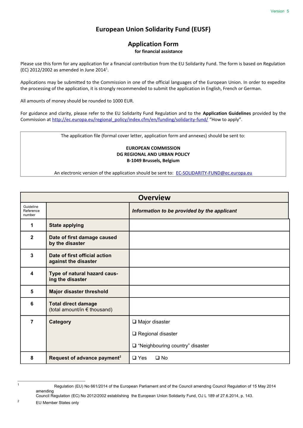 Summary Application Form to Mobilise the EUSF