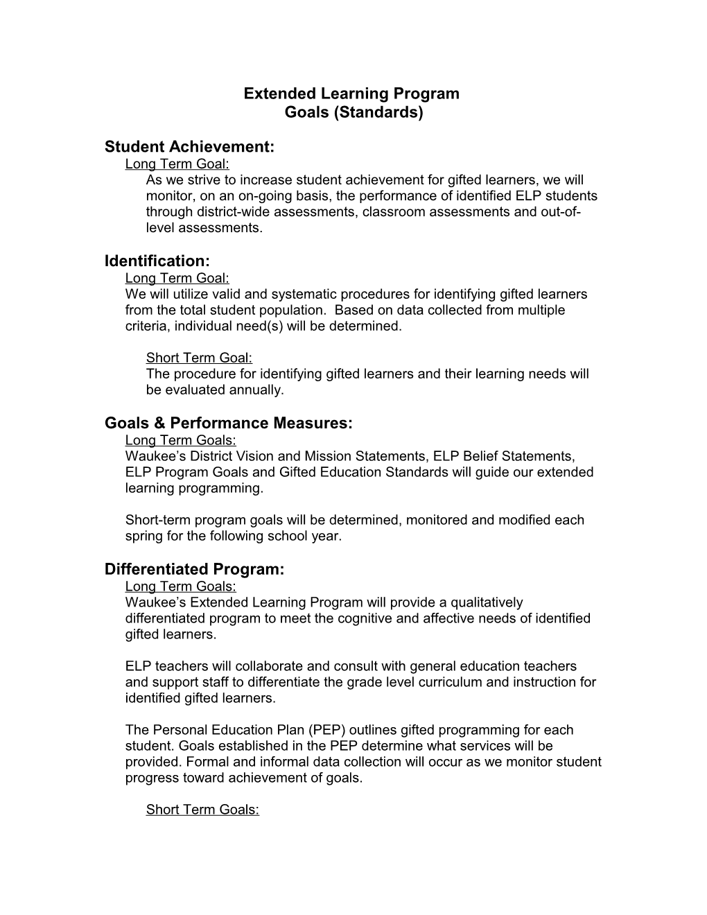 Extended Learning Program Goals (Standards)