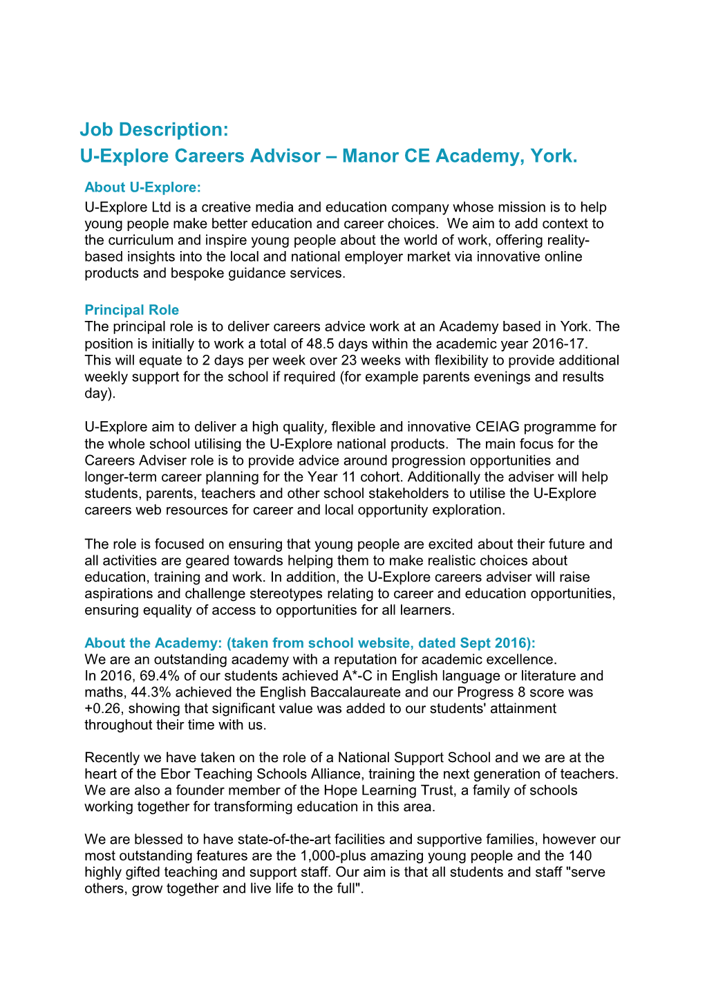 U-Explorecareers Advisor Manor CE Academy, York