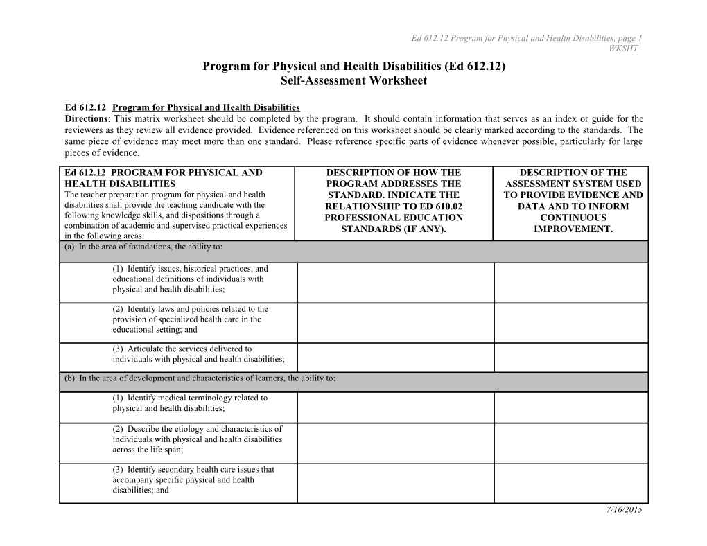 Program for Physical and Health Disabilities (Ed 612.12)