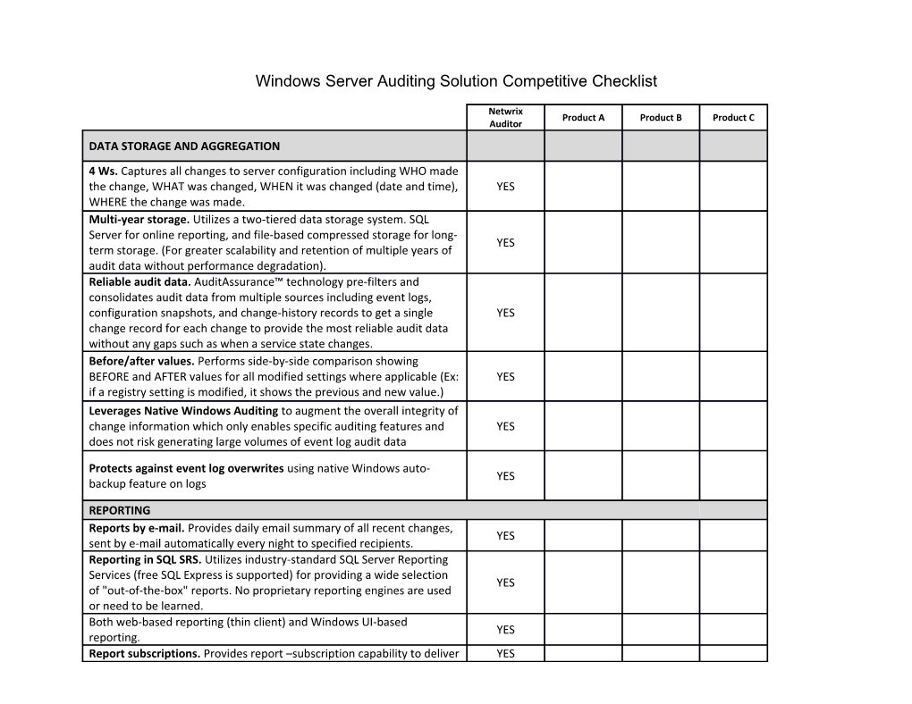 Netwrix Server Configuration Change Reporter Competitive Checklist