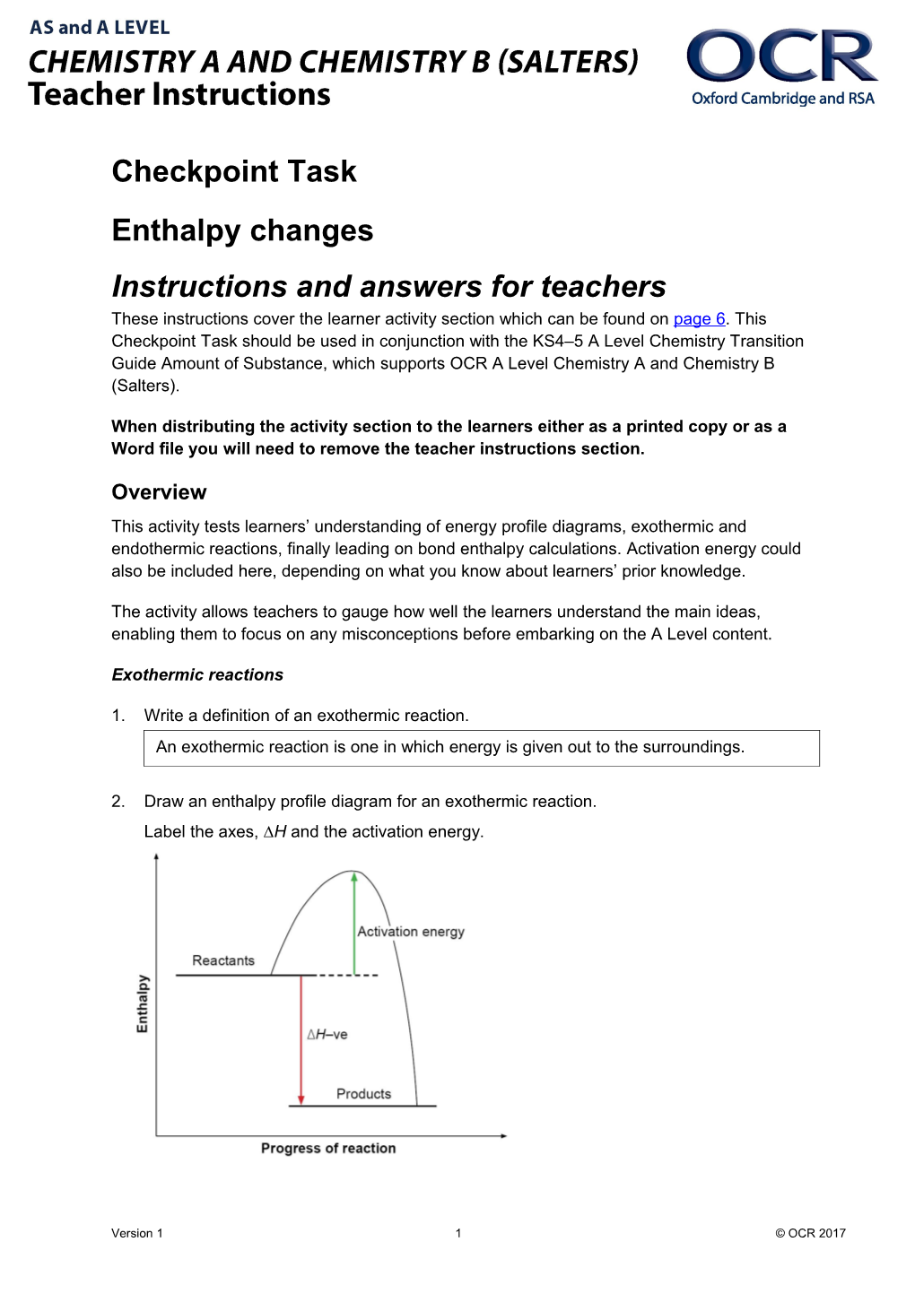 OCR AS and a Level Chemistry a and Chemistry B (Salters) Checkpoint Task - Enthalpy Changes