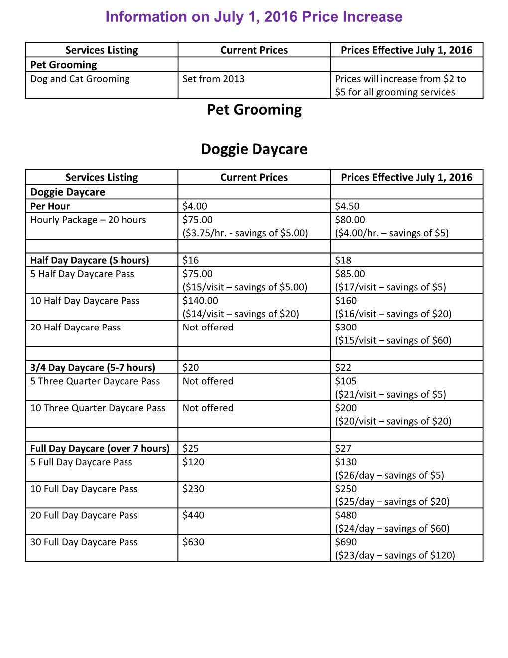 Information on July 1, 2016 Price Increase