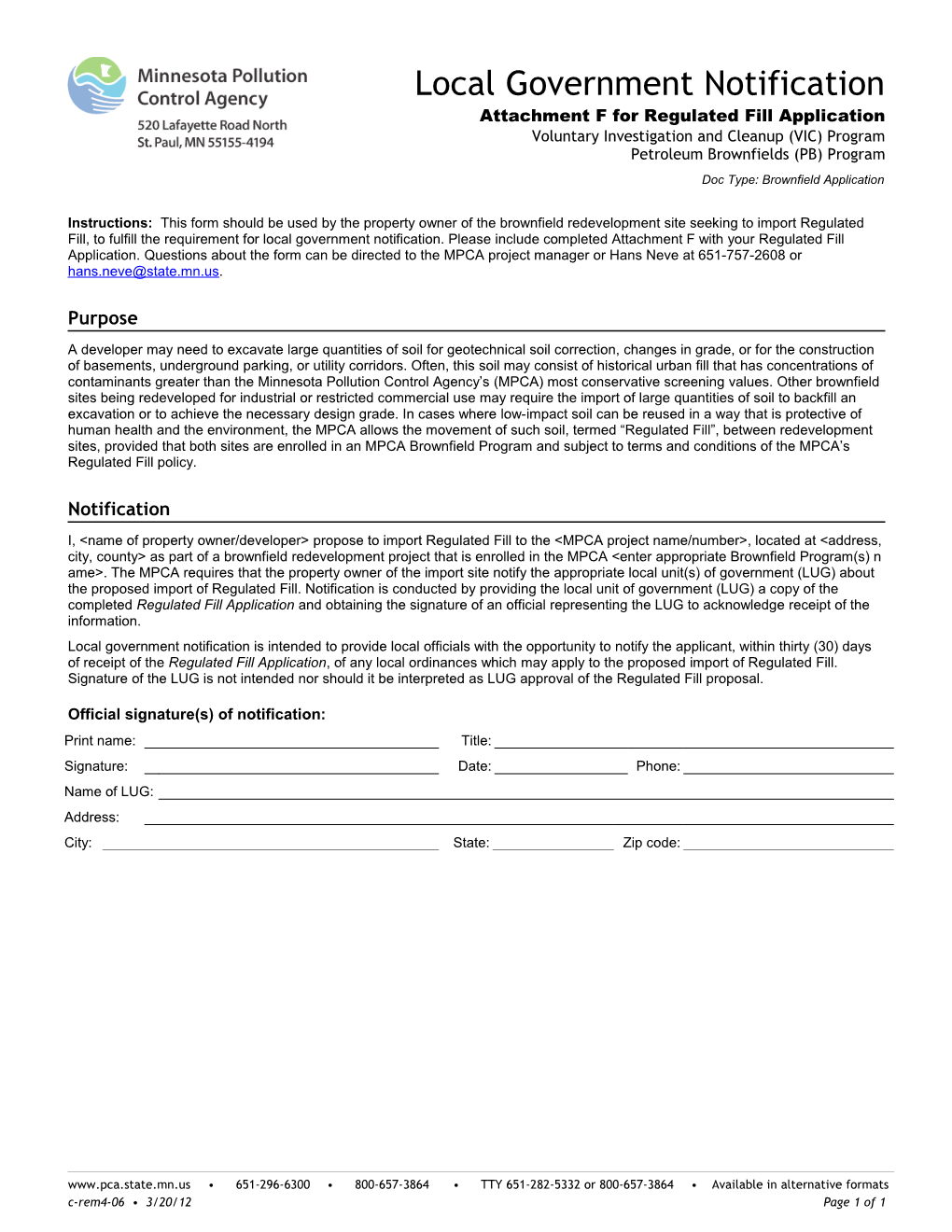 Local Government Notification - Att F for Regulated Fill Application - Form