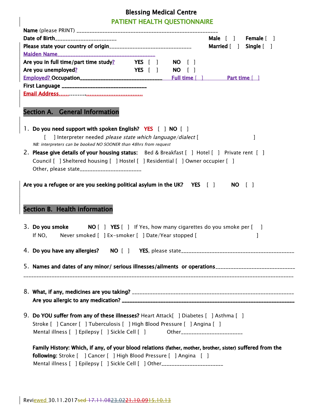 Malvern Surgery Patient Profiling Questionnaire