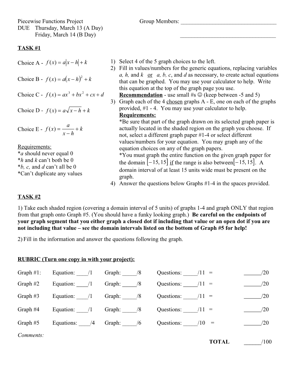 Piecewise Functions Project