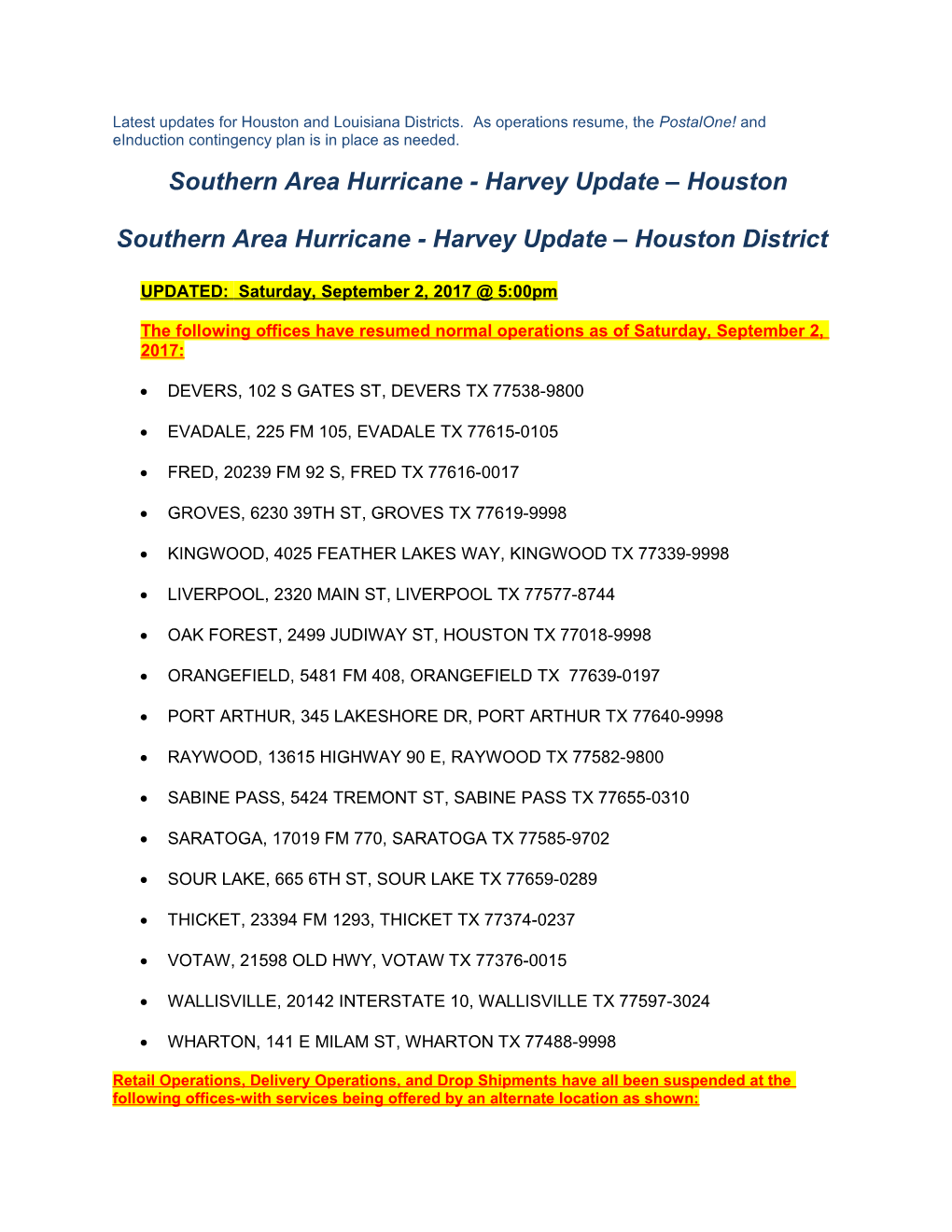 Southern Area Hurricane - Harvey Update Houston