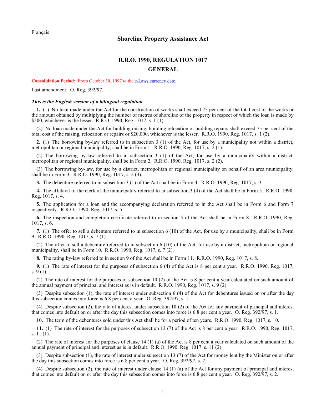 Shoreline Property Assistance Act - R.R.O. 1990, Reg. 1017