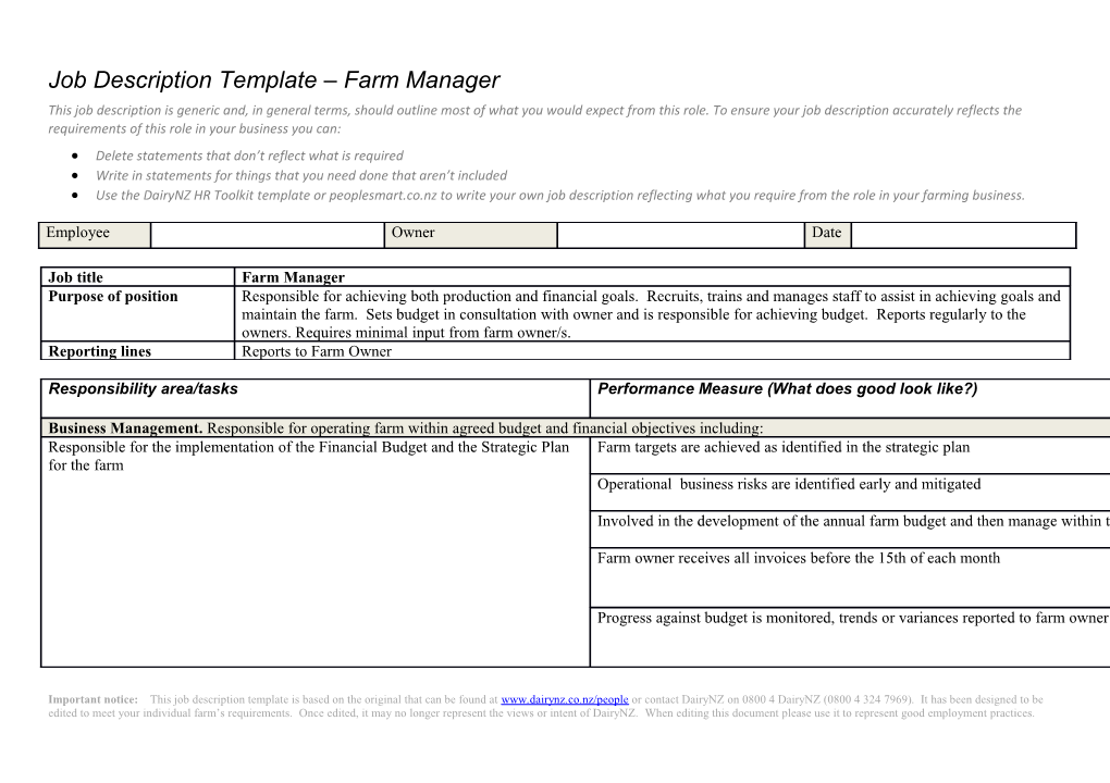 Job Description Template Farm Manager