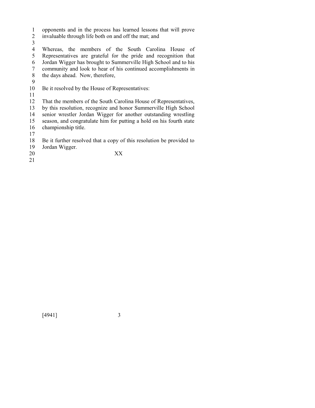 2011-2012 Bill 4941: Jordan Wigger - South Carolina Legislature Online