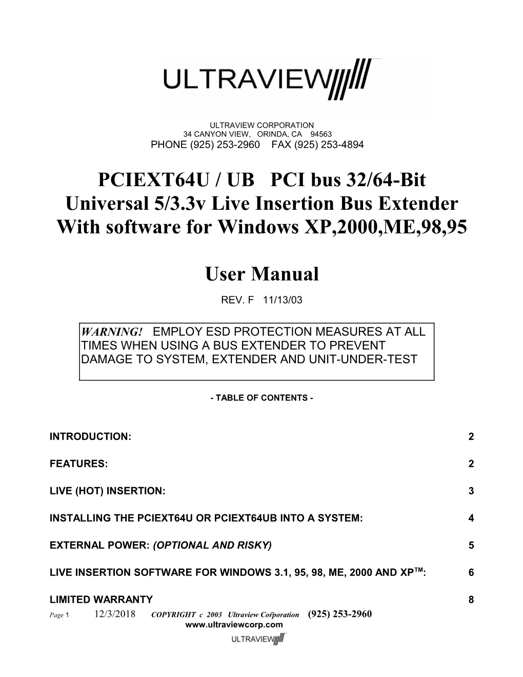 PCI BUS EXTENDER & TEST CARD Model PCI-EXT+64