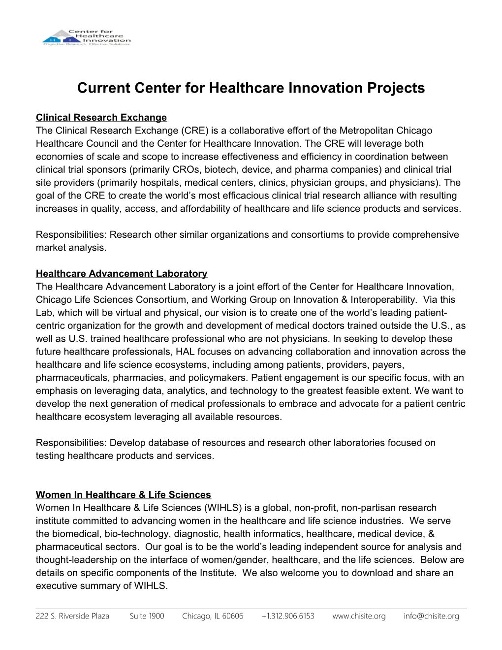 Current Center for Healthcare Innovation Projects