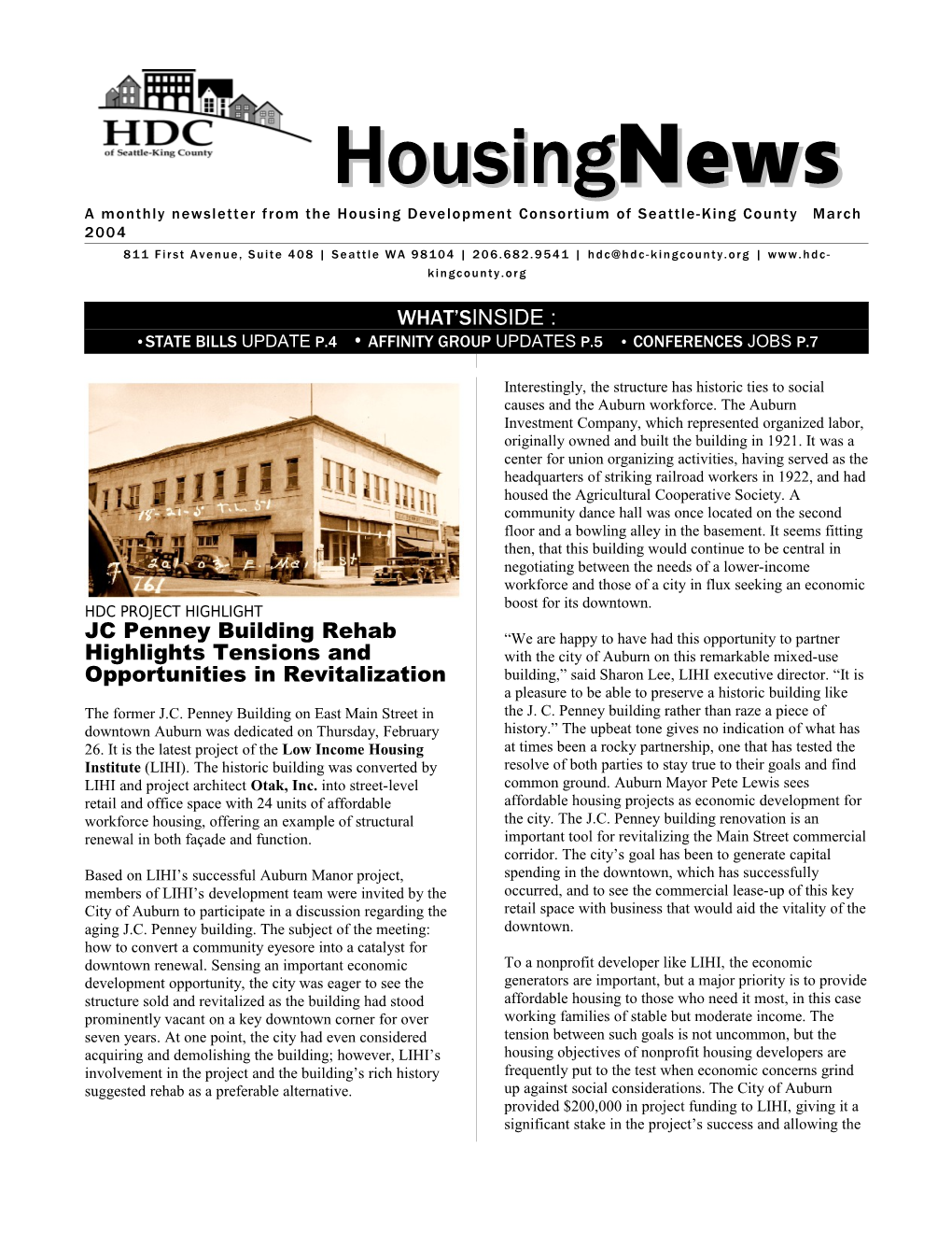 A Monthly Newsletter from the Housing Development Consortium of Seattle-King Countymarch 2004