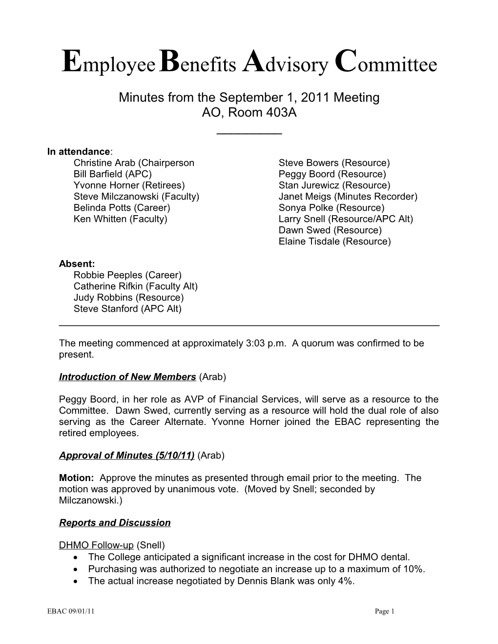 Minutes from the September 1, 2011 Meeting
