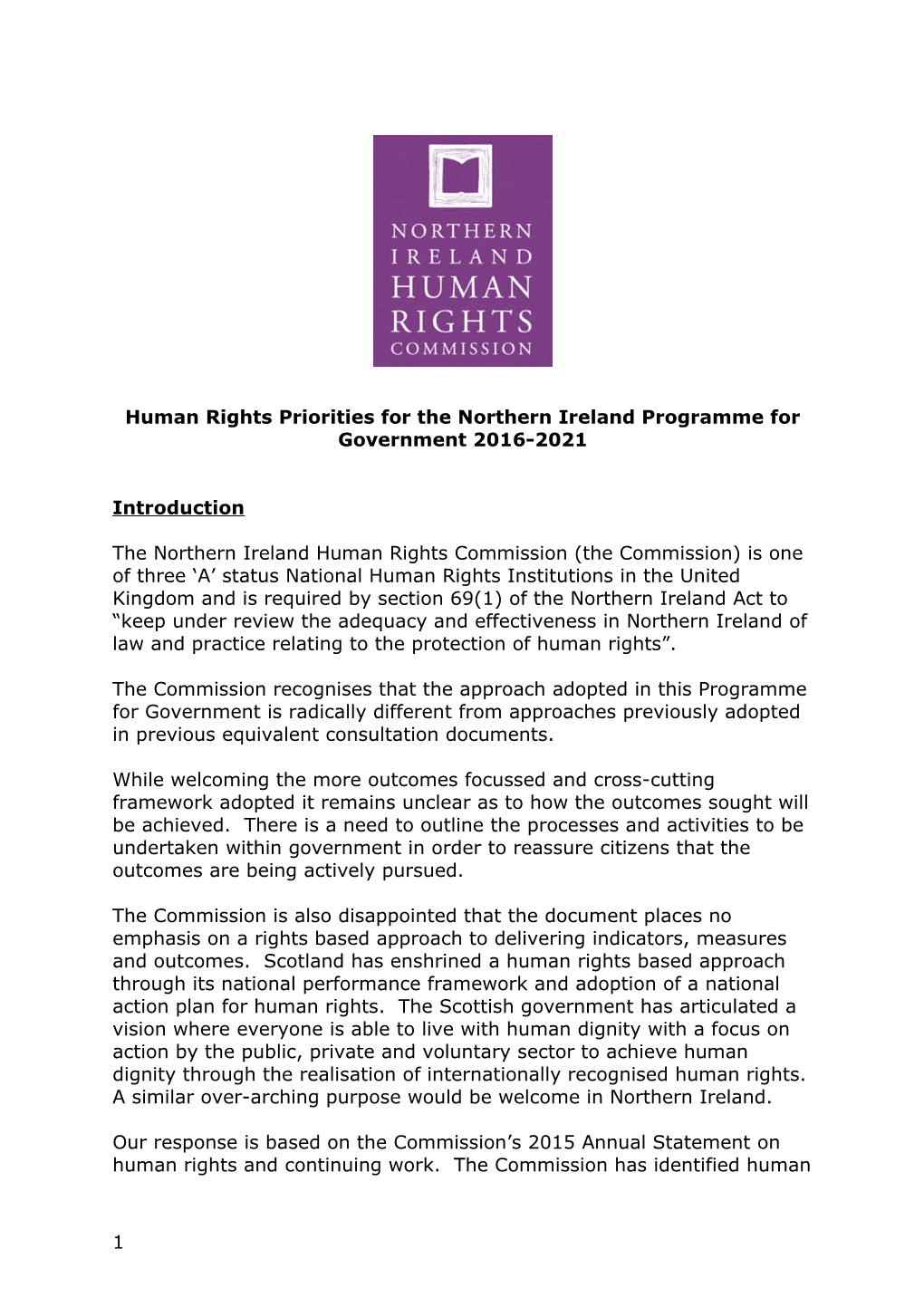 Human Rights Priorities for the Northern Ireland Programme for Government 2016-2021