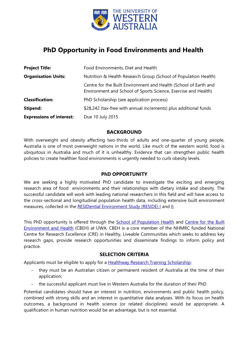 Phd Opportunity in Food Environments and Health