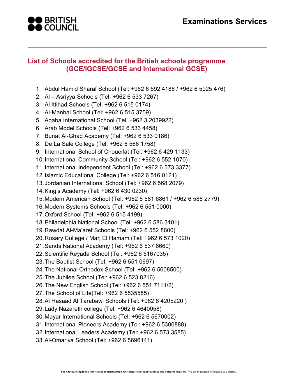 List of Schoolsaccredited for the British Schools Programme (GCE/IGCSE/GCSE and International