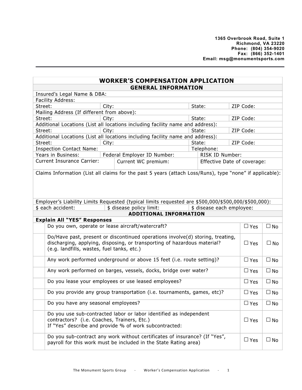 The Monument Sports Group - Worker S Compensation Application - 1