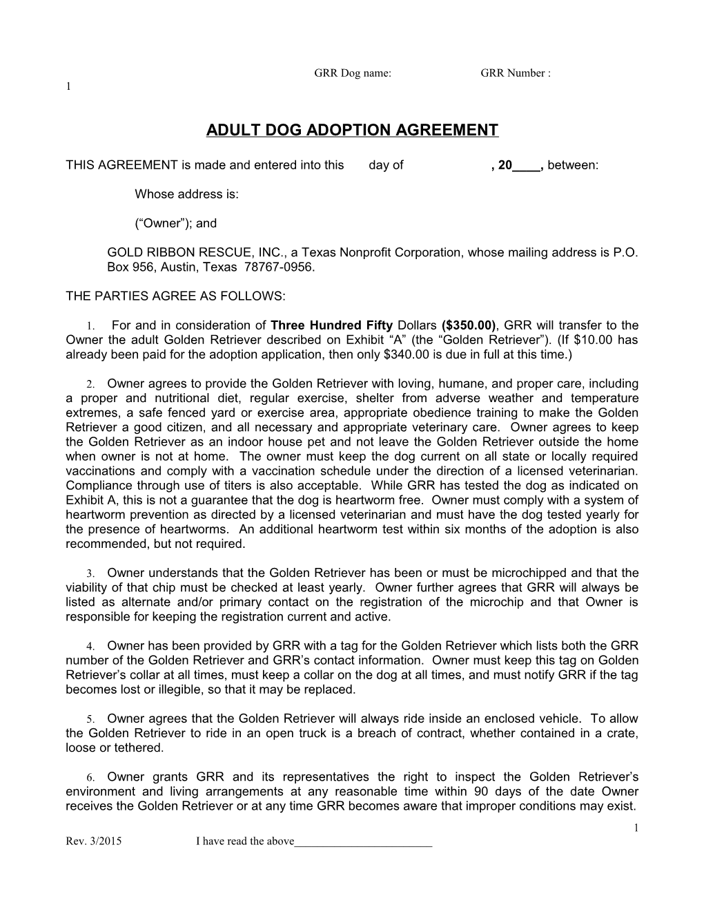 Adult Dog Adoption Agreement