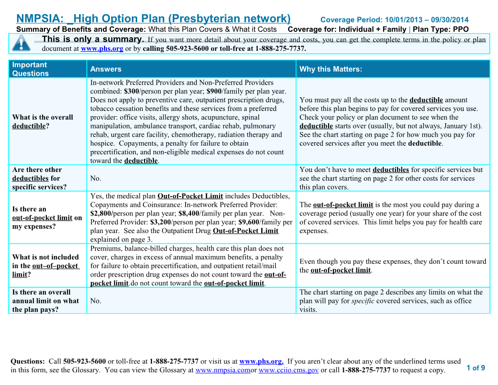 NMPSIA: High Option Plan (Presbyterian Network)Coverage Period: 10/01/2013 09/30/2014