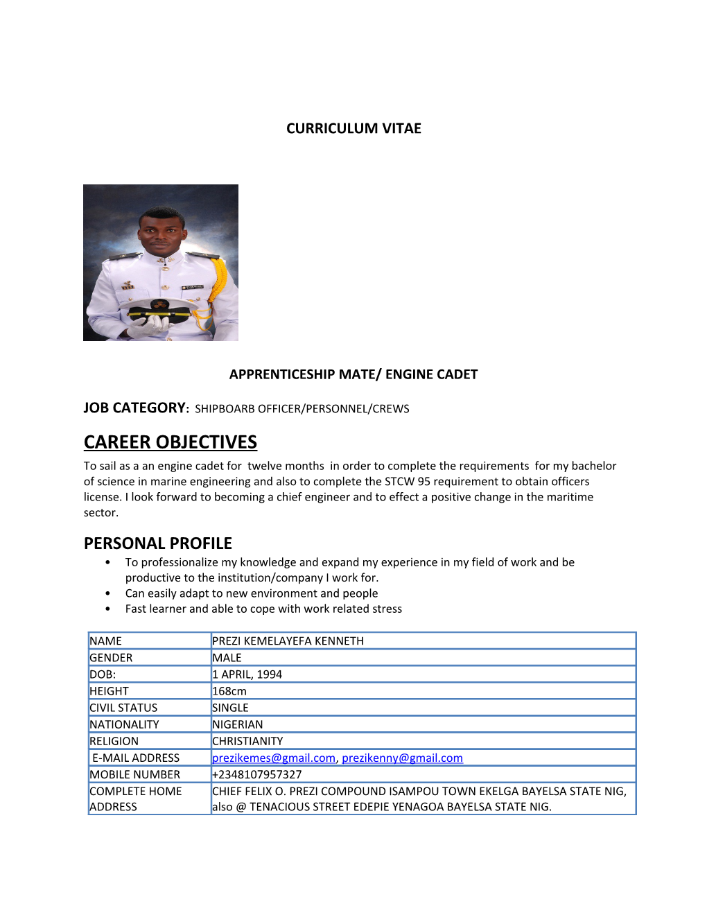 Apprenticeship Mate/ Engine Cadet