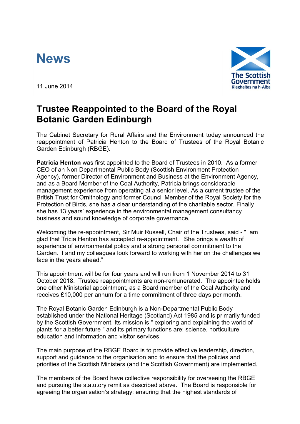 Trustee Reappointed to the Board of the Royal Botanic Garden Edinburgh