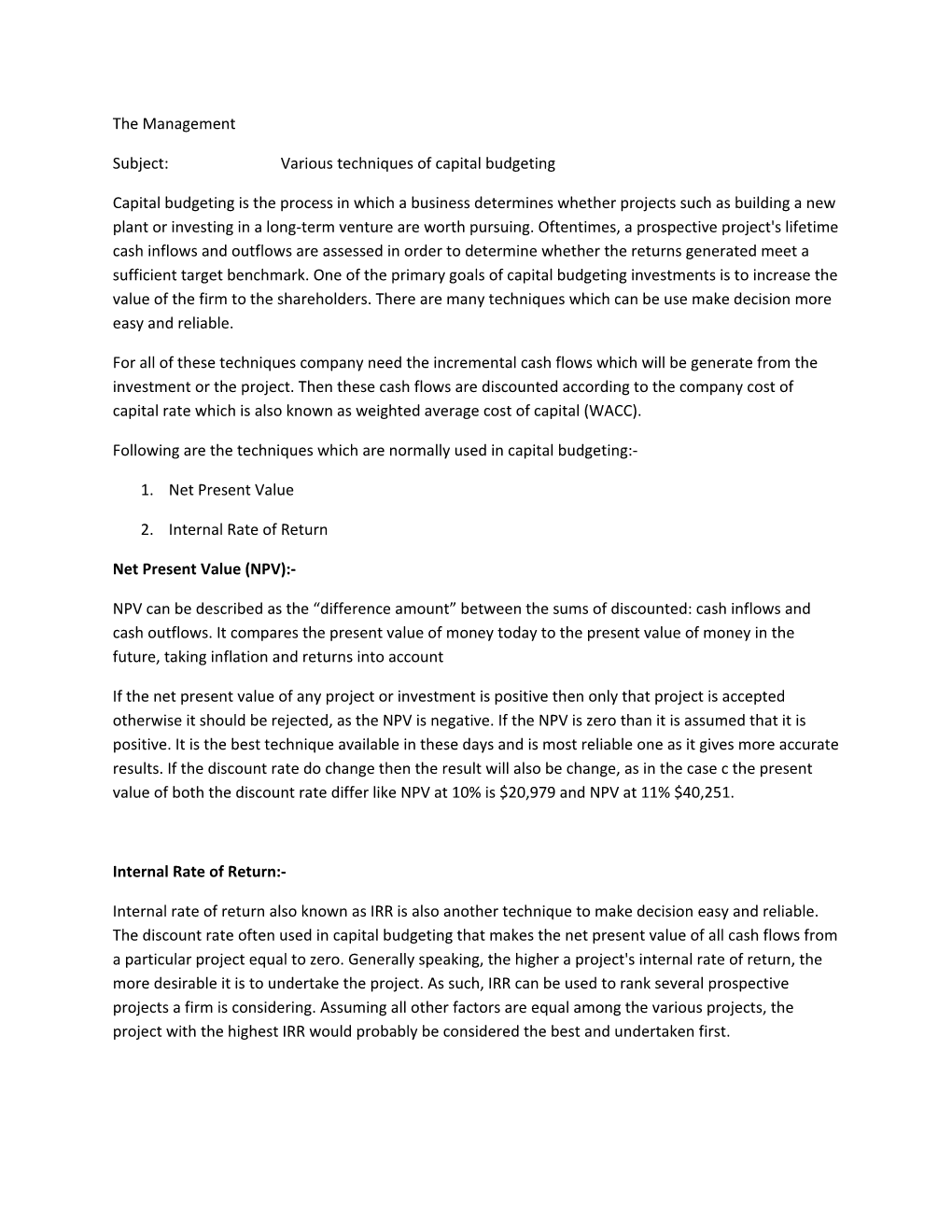 Subject:Various Techniques of Capital Budgeting