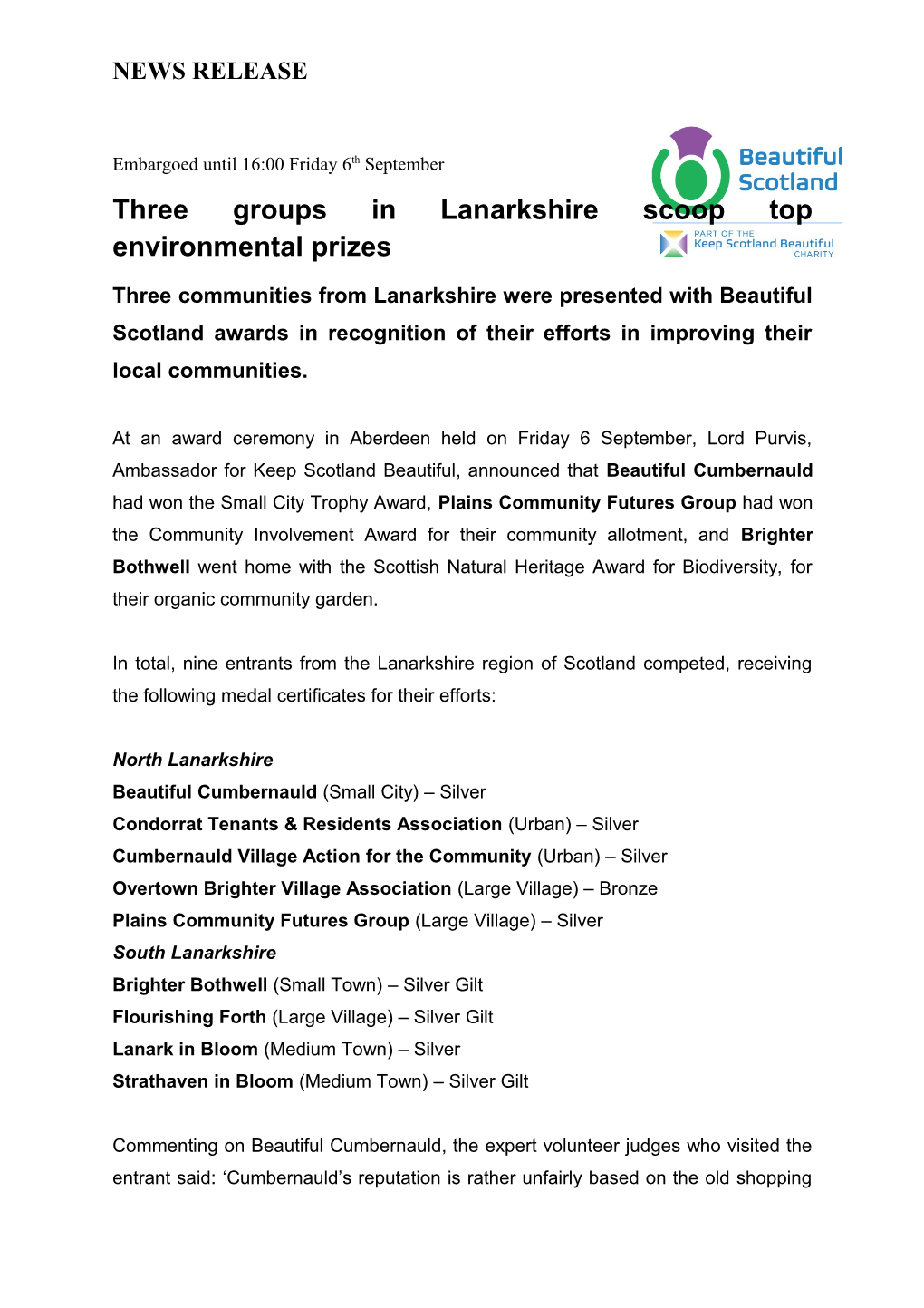 Three Groups Inlanarkshire Scoop Top Environmental Prizes