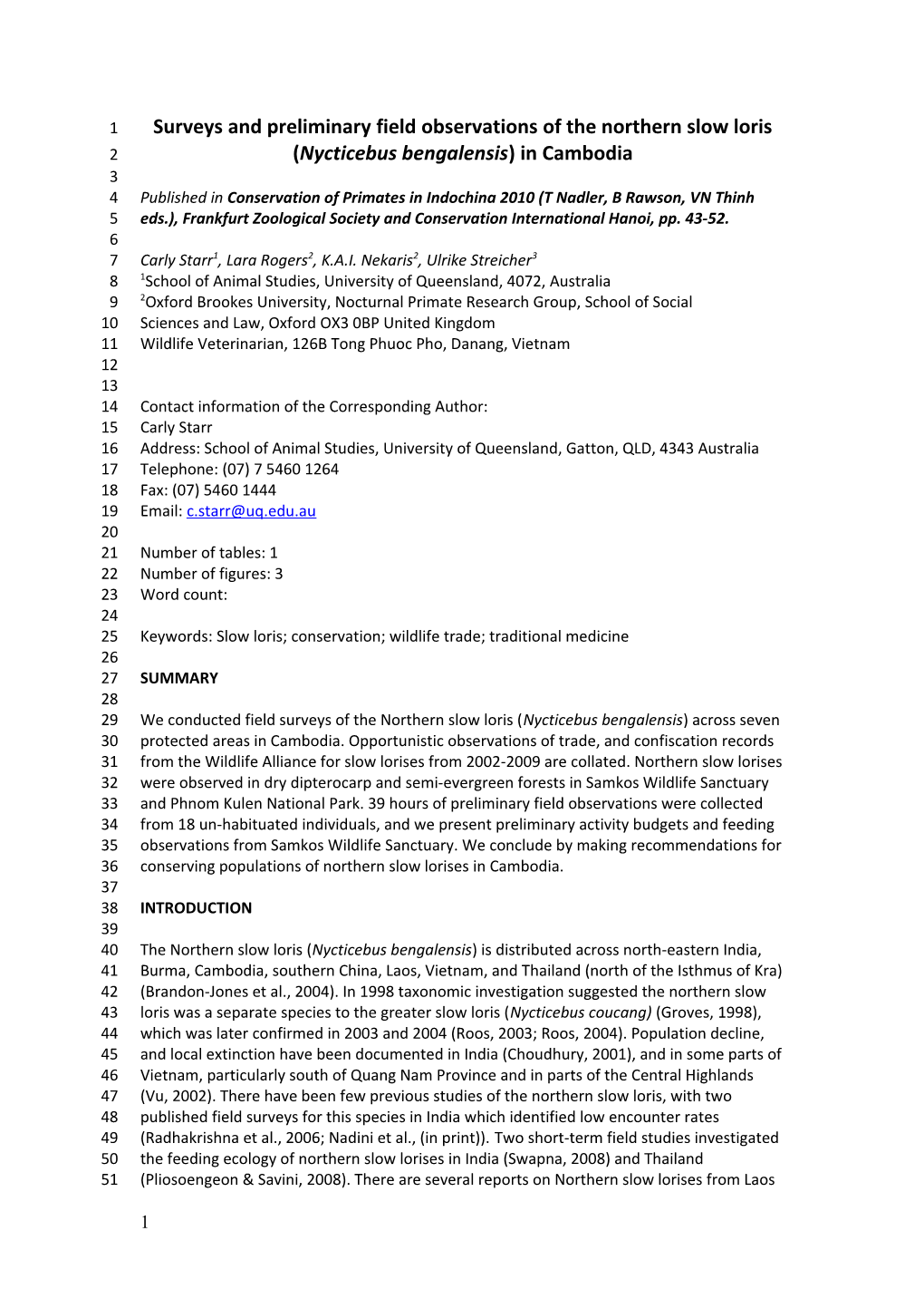 Surveys and Preliminary Field Observations of the Northern Slow Loris (Nycticebus Bengalensis)