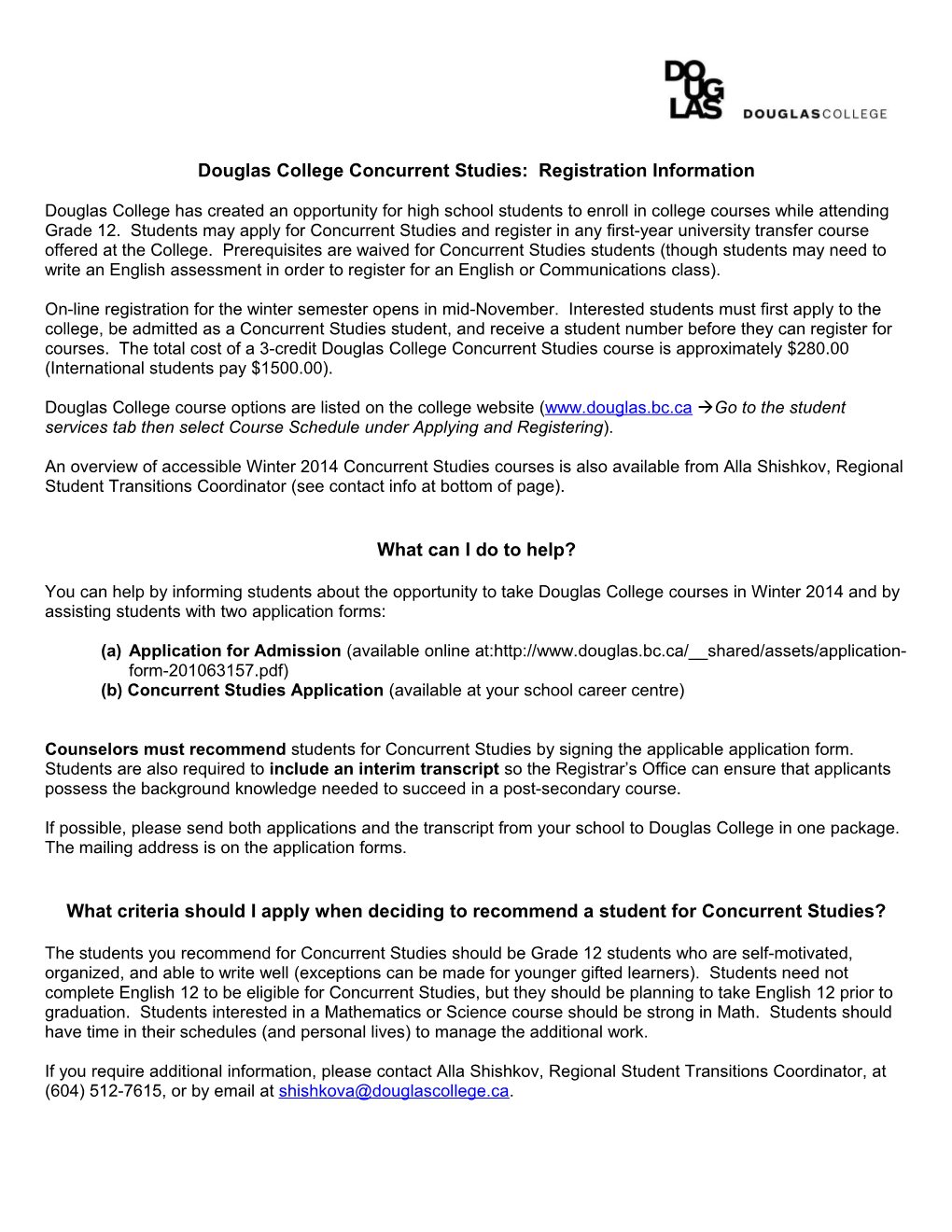 Douglas College Concurrent Studies Courses