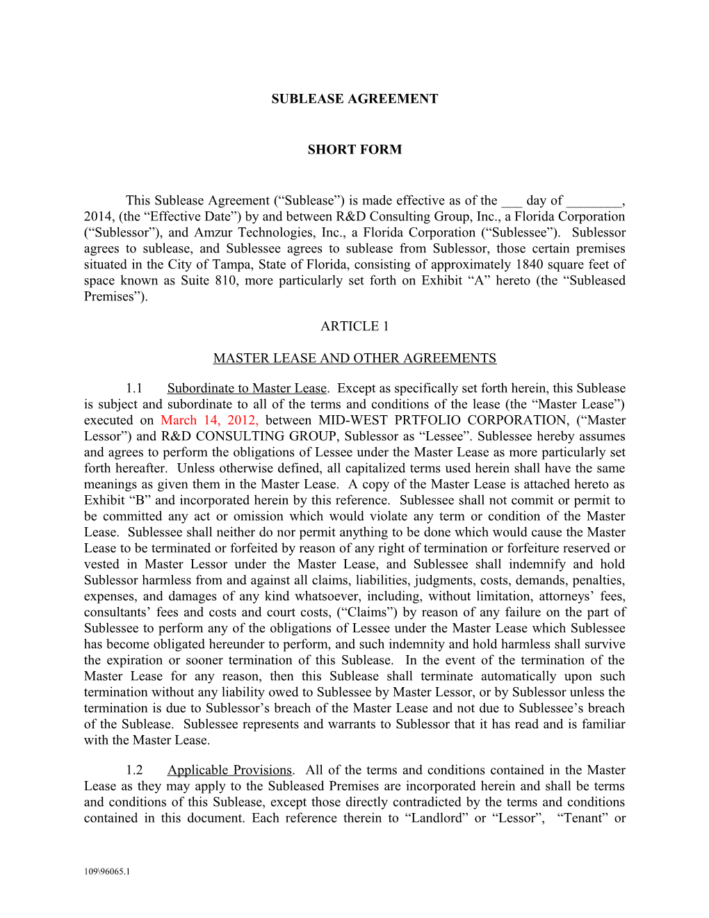 191475 V10 - Sublease Agreement (Form)