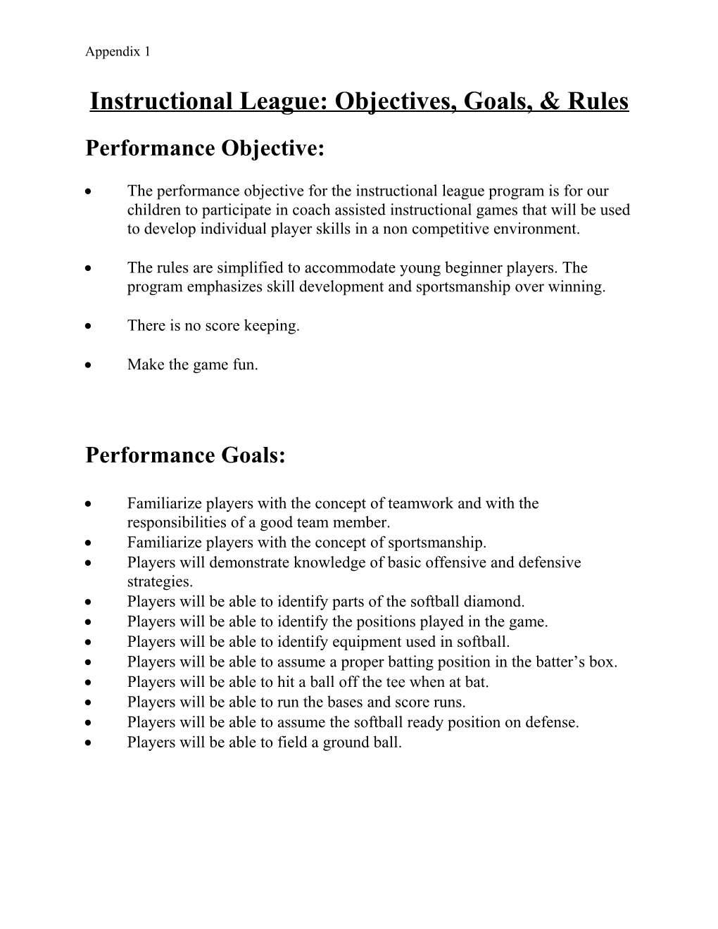 Instructional League: Objectives, Goals, & Rules