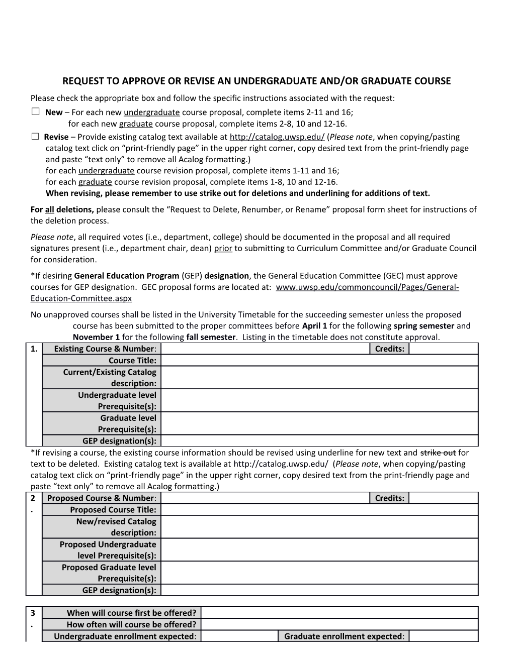 Request to Approve Or Revise an Undergraduate And/Or Graduate Course