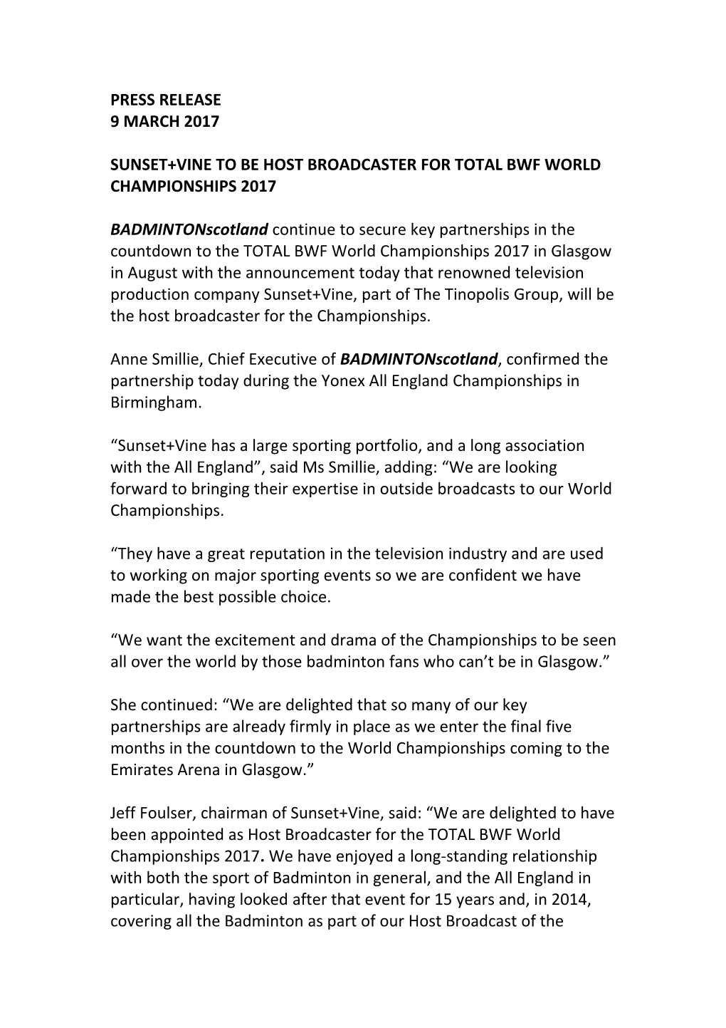 Sunset+Vine to Be Host Broadcaster for Total Bwf World Championships 2017