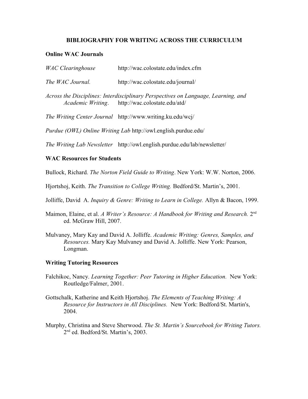 Bibliography for WAC/WID: General