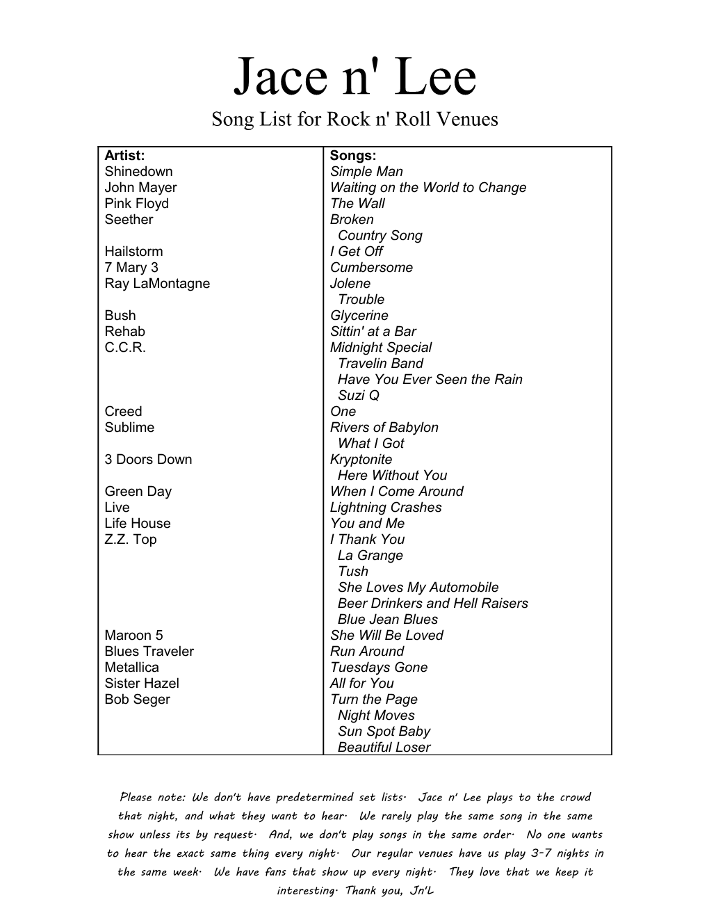 Song List for Rock N' Roll Venues