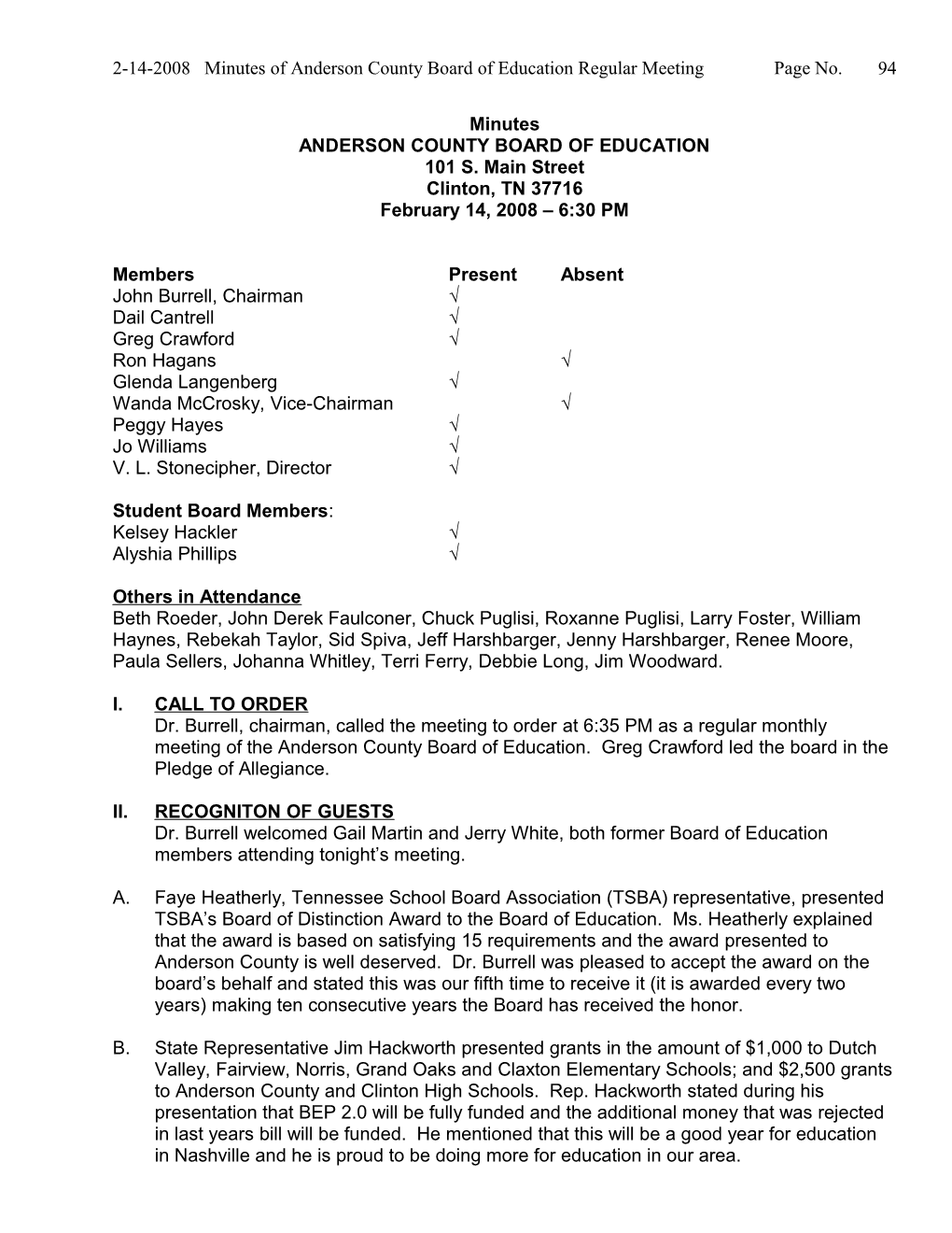 2-14-2008 Minutes of Andersoncounty Board of Education Regular Meeting Page No