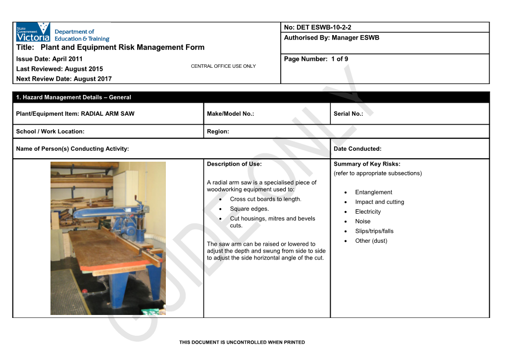 Plant and Equipment Risk Management Form - Radial Arm Saw