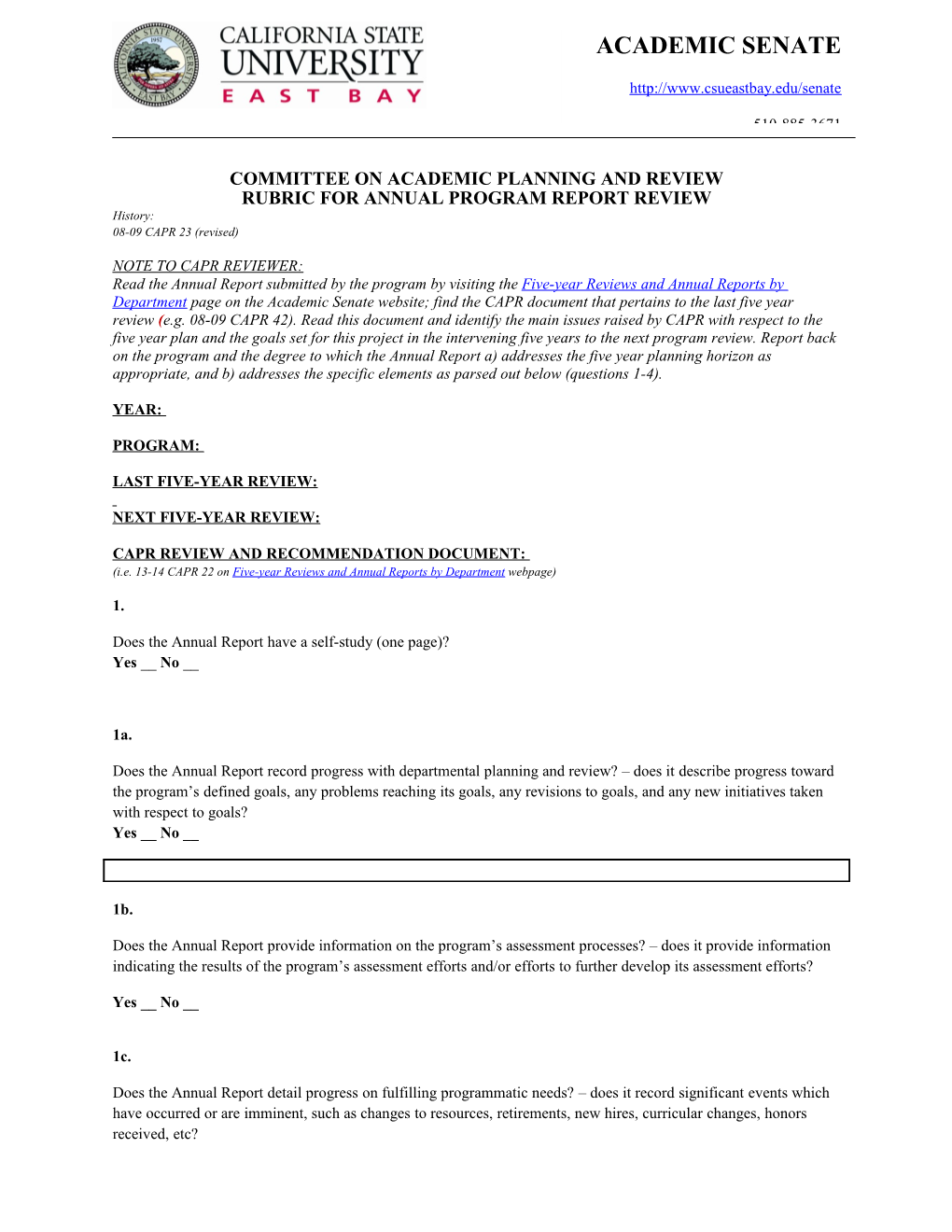 Committee on Academic Planning and Review Rubric for Annual Program Report Review