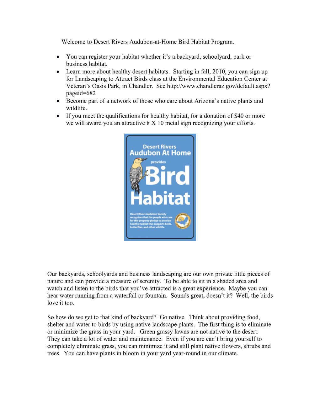 Welcome to Desert Rivers Audubon-At-Home Bird Habitat Program